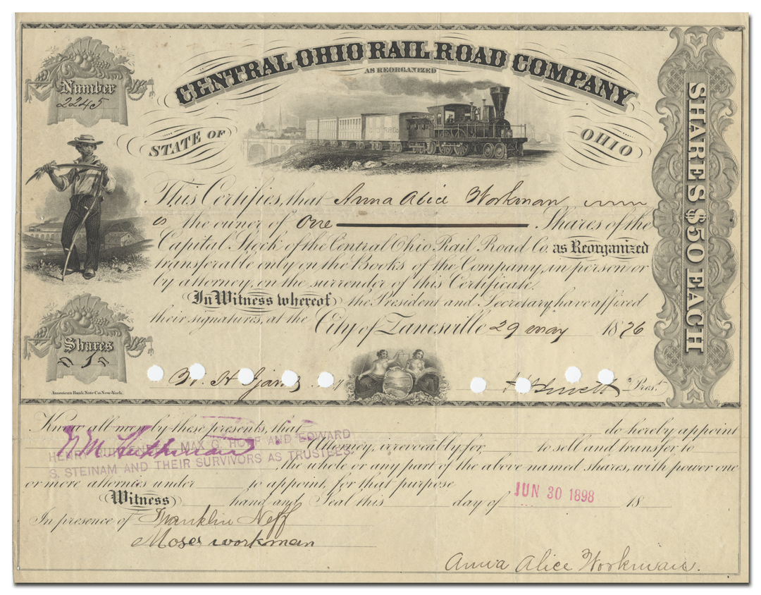 Central Ohio Rail Road Company Stock Certificate