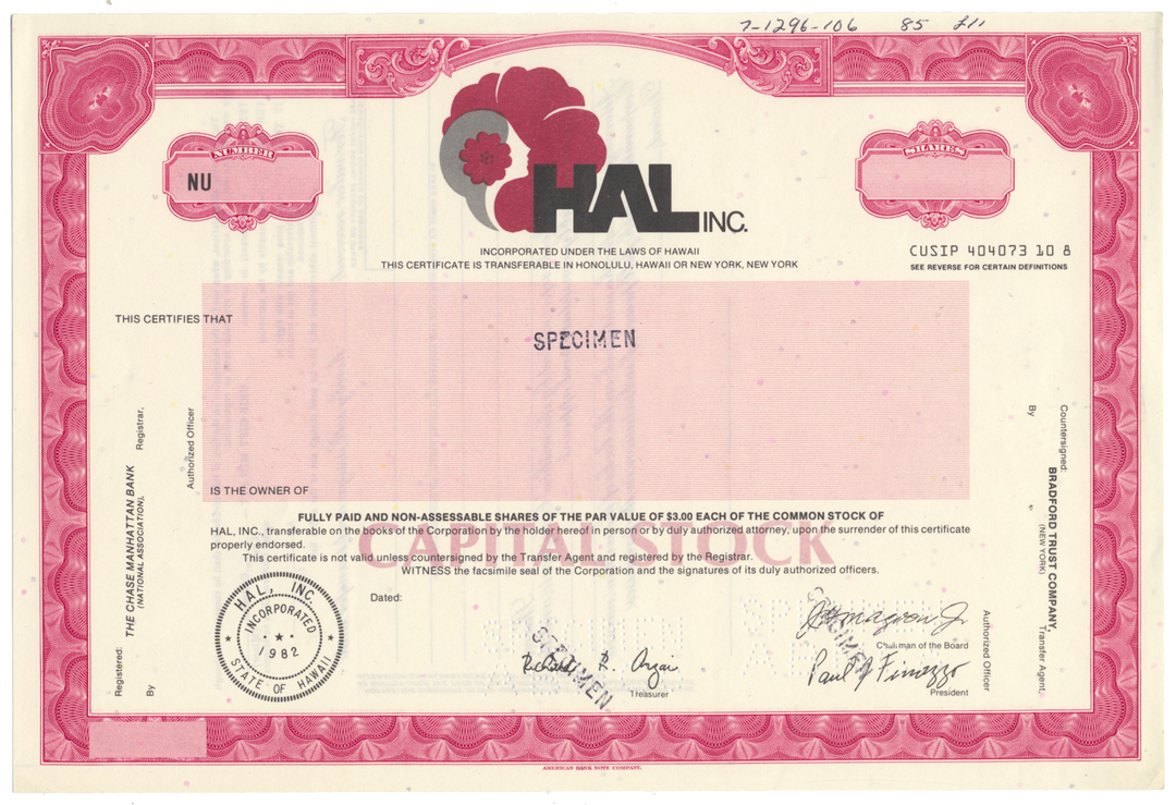 HAL, Inc. Specimen Stock Certificate