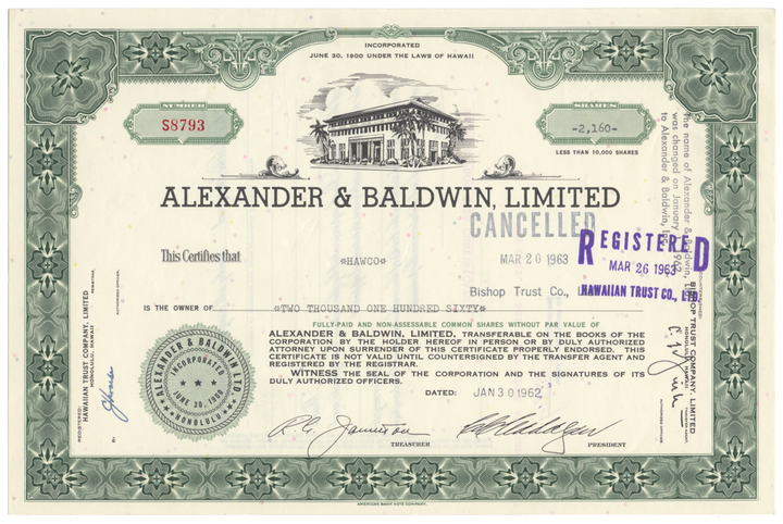 Alexander & Baldwin, Limited Stock Certificate