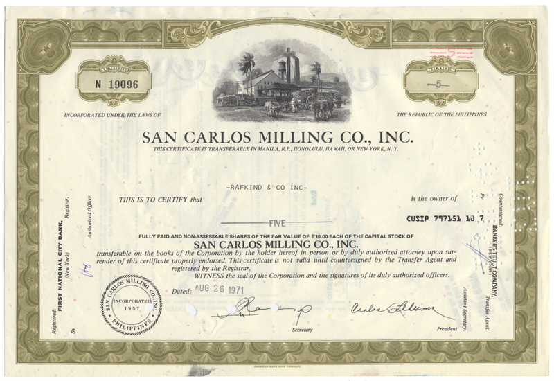 San Carlos Milling Co., Inc. Stock Certificate
