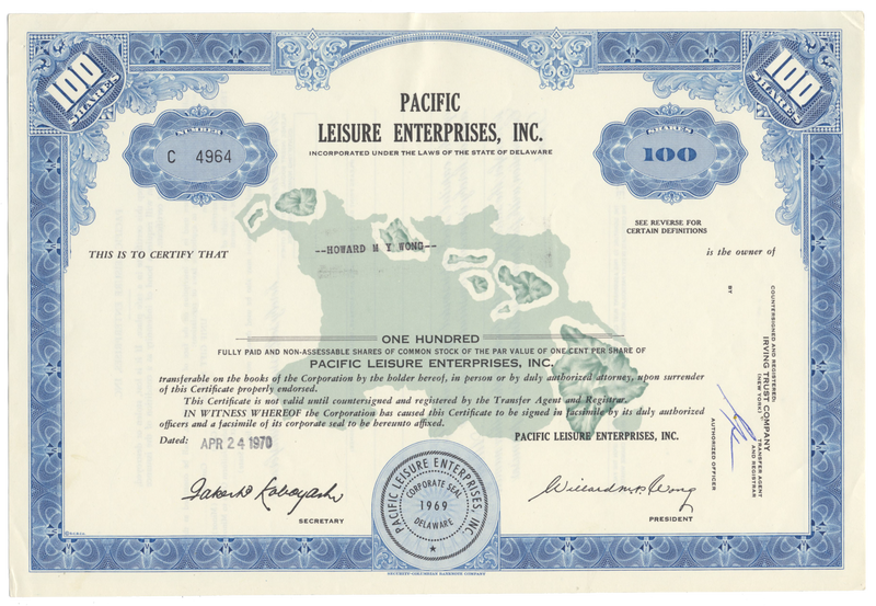 Pacific Leisure Enterprises, Inc. Stock Certificate