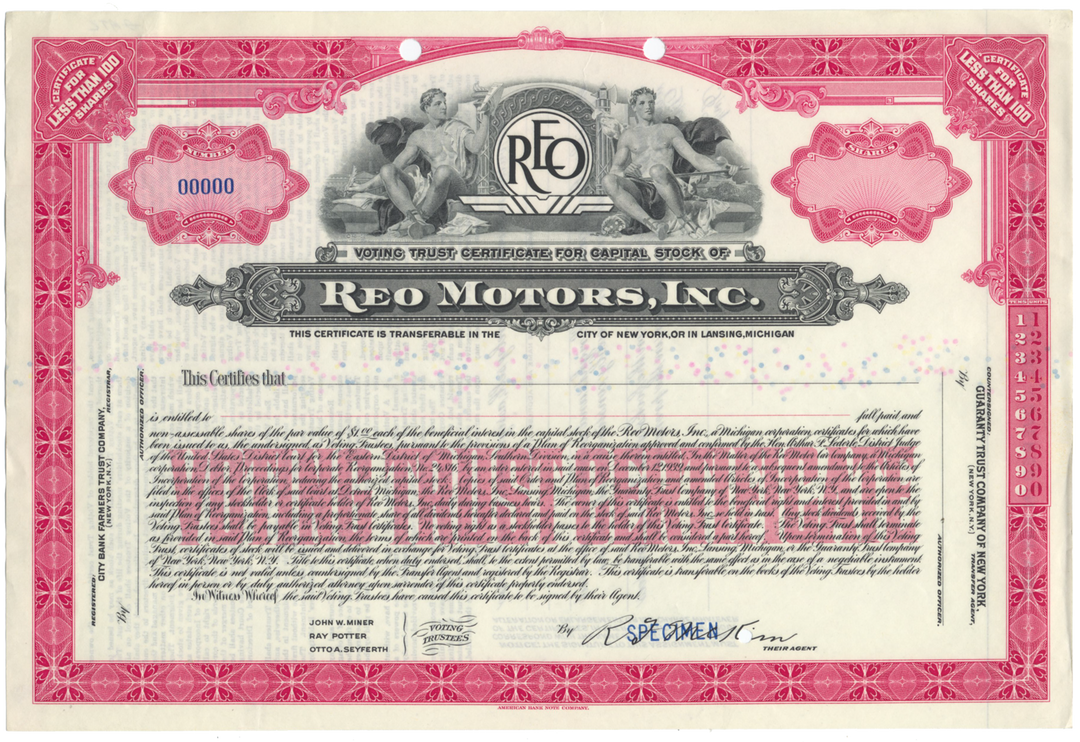 REO Motors, Inc. Specimen Stock Certificate