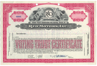 REO Motors, Inc. Specimen Stock Certificate