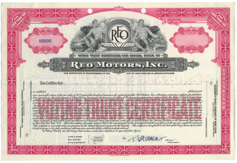 REO Motors, Inc. Specimen Stock Certificate