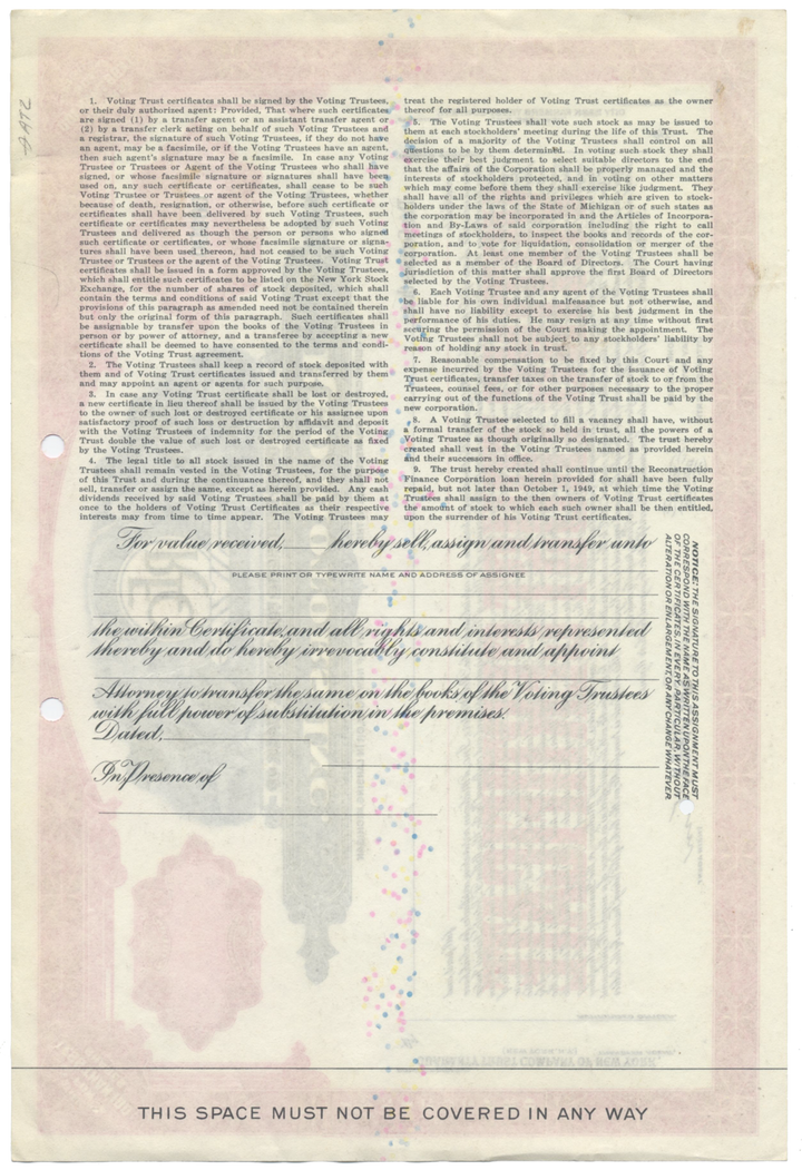 REO Motors, Inc. Specimen Stock Certificate