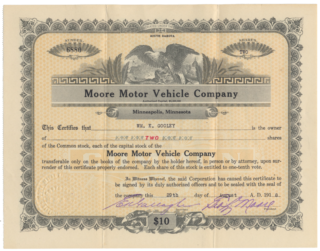 Moore Motor Vehicle Company Stock Certificate