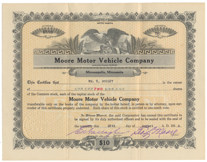 Moore Motor Vehicle Company Stock Certificate