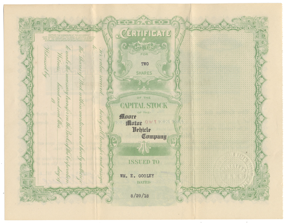 Moore Motor Vehicle Company Stock Certificate