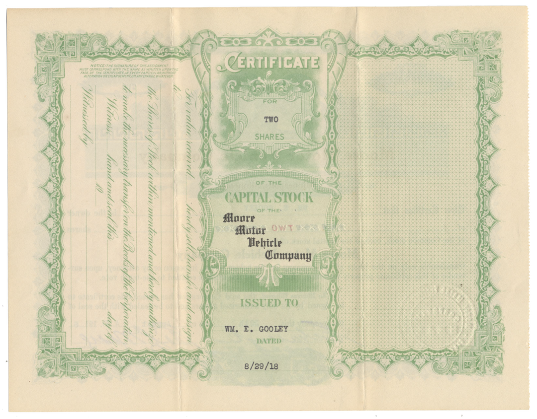 Moore Motor Vehicle Company Stock Certificate