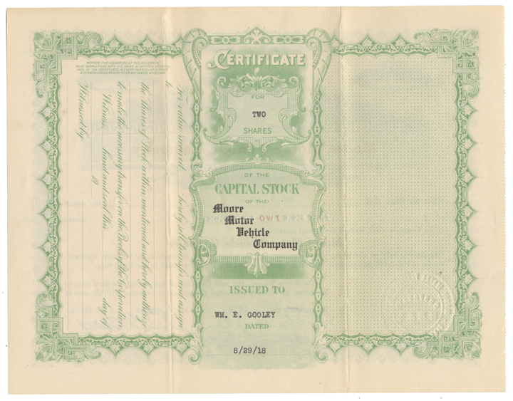 Moore Motor Vehicle Company Stock Certificate