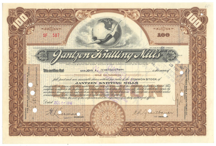 Jantzen Knitting Mills Stock Certificate