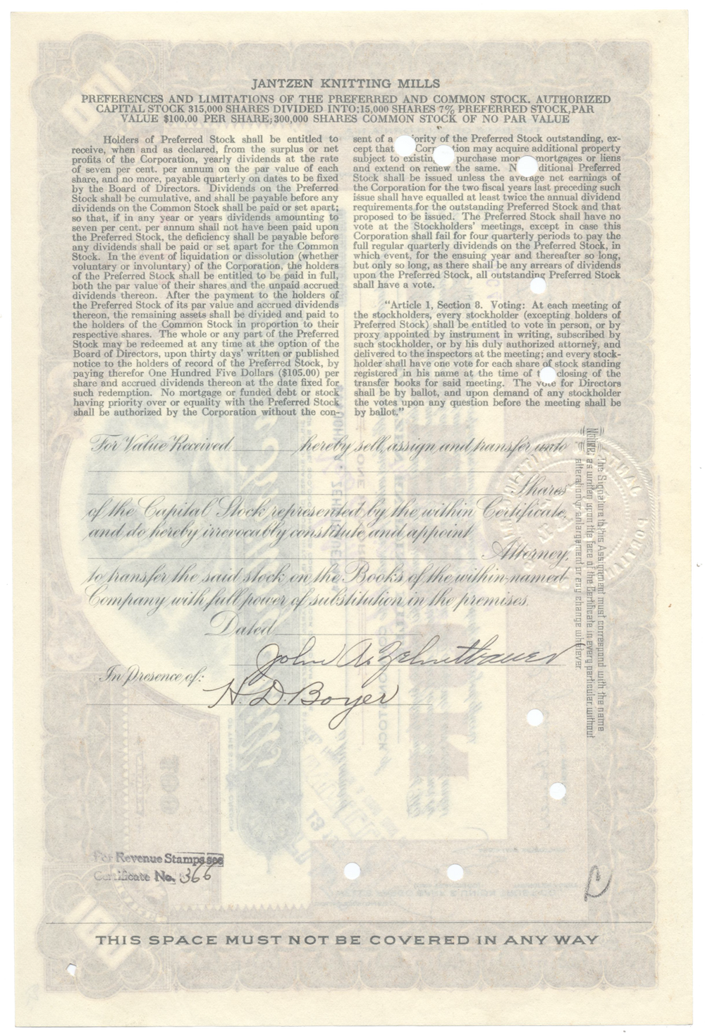 Jantzen Knitting Mills Stock Certificate