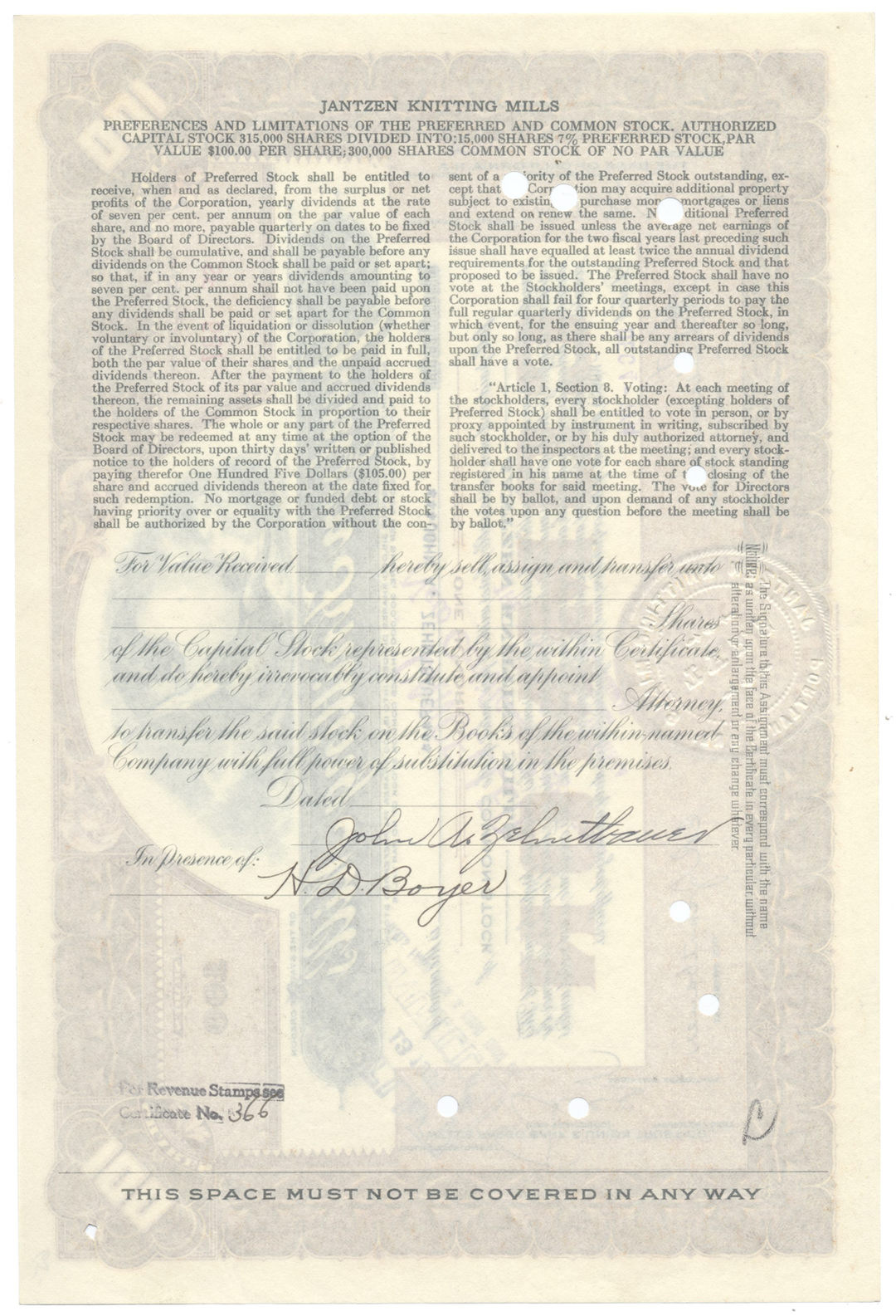 Jantzen Knitting Mills Stock Certificate