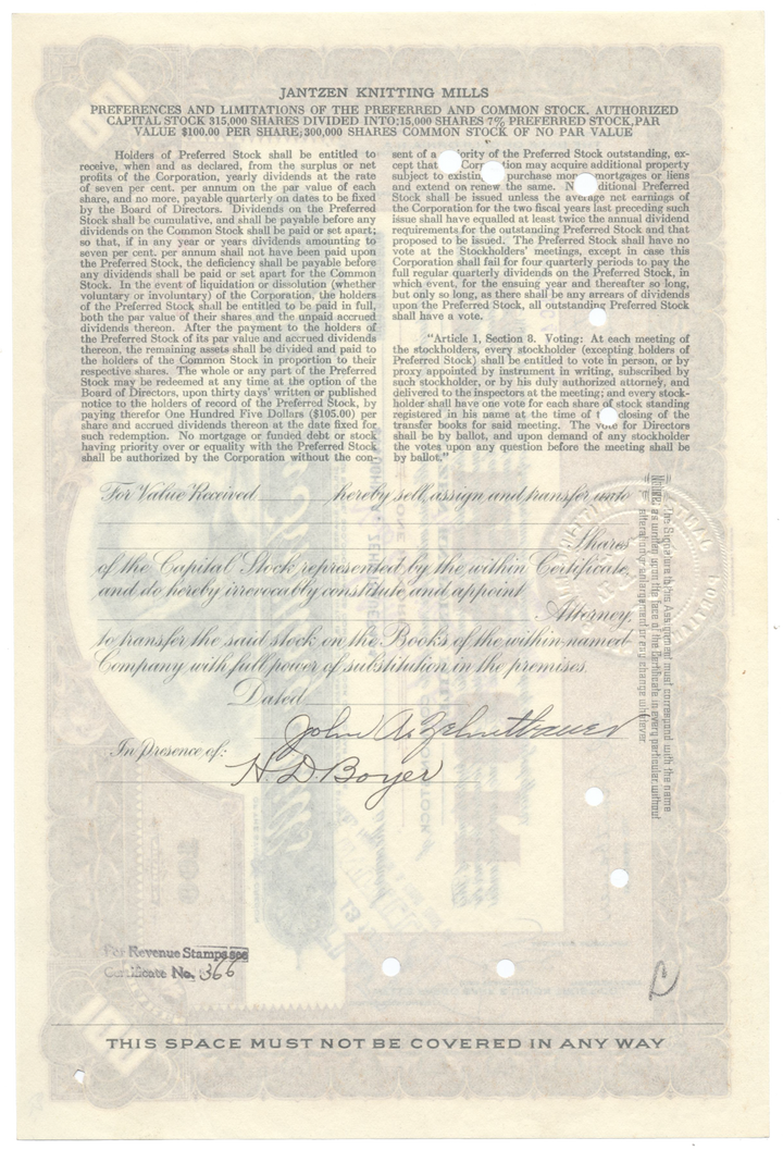 Jantzen Knitting Mills Stock Certificate