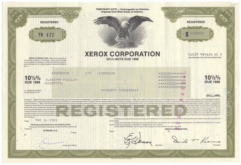 Xerox Corporation Bond Certificate