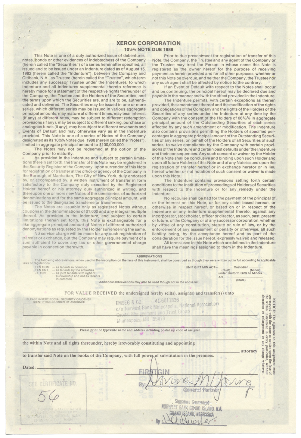 Xerox Corporation Bond Certificate