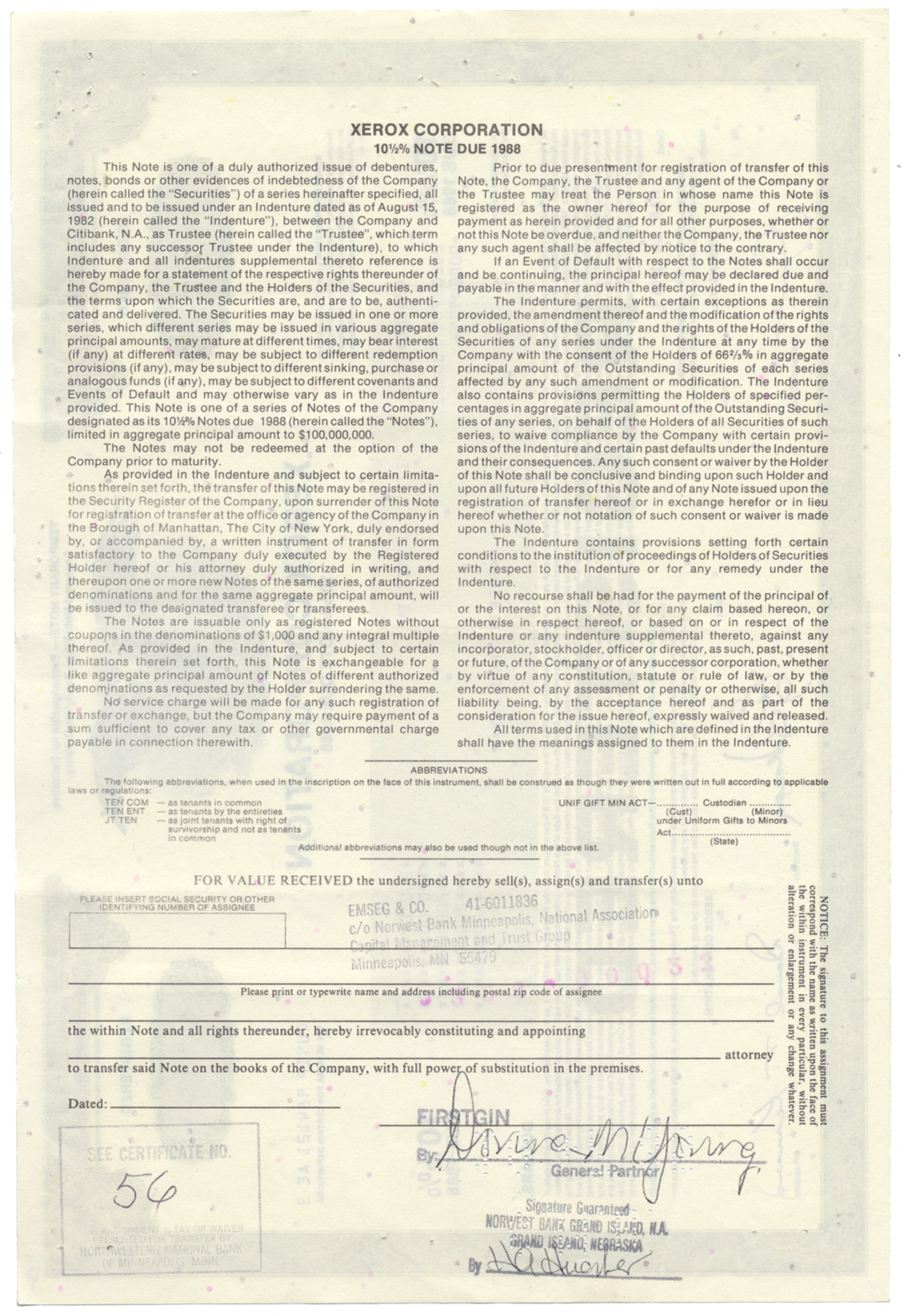 Xerox Corporation Bond Certificate