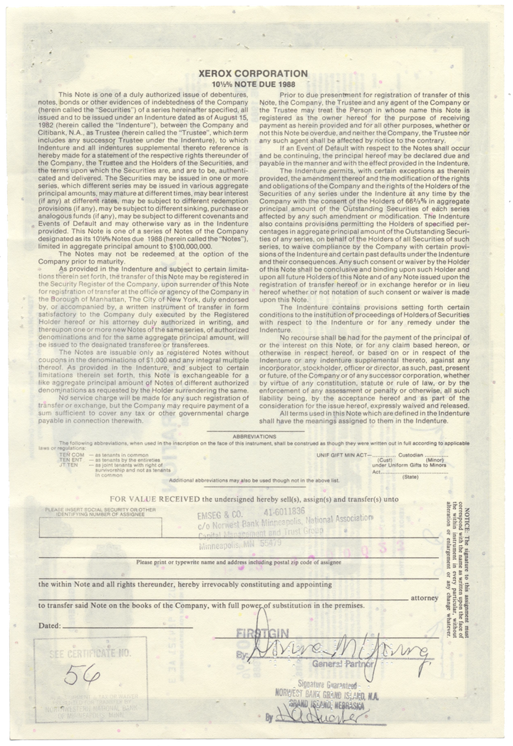 Xerox Corporation Bond Certificate