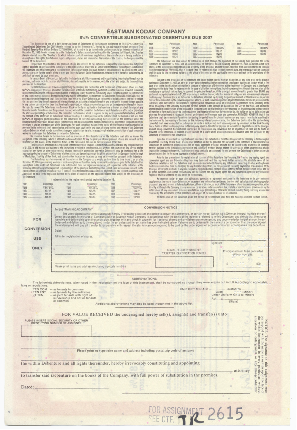 Eastman Kodak Company Bond Certificate