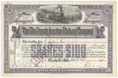 Rio Grande Junction Railway Company Stock Certificate