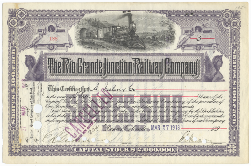 Rio Grande Junction Railway Company Stock Certificate