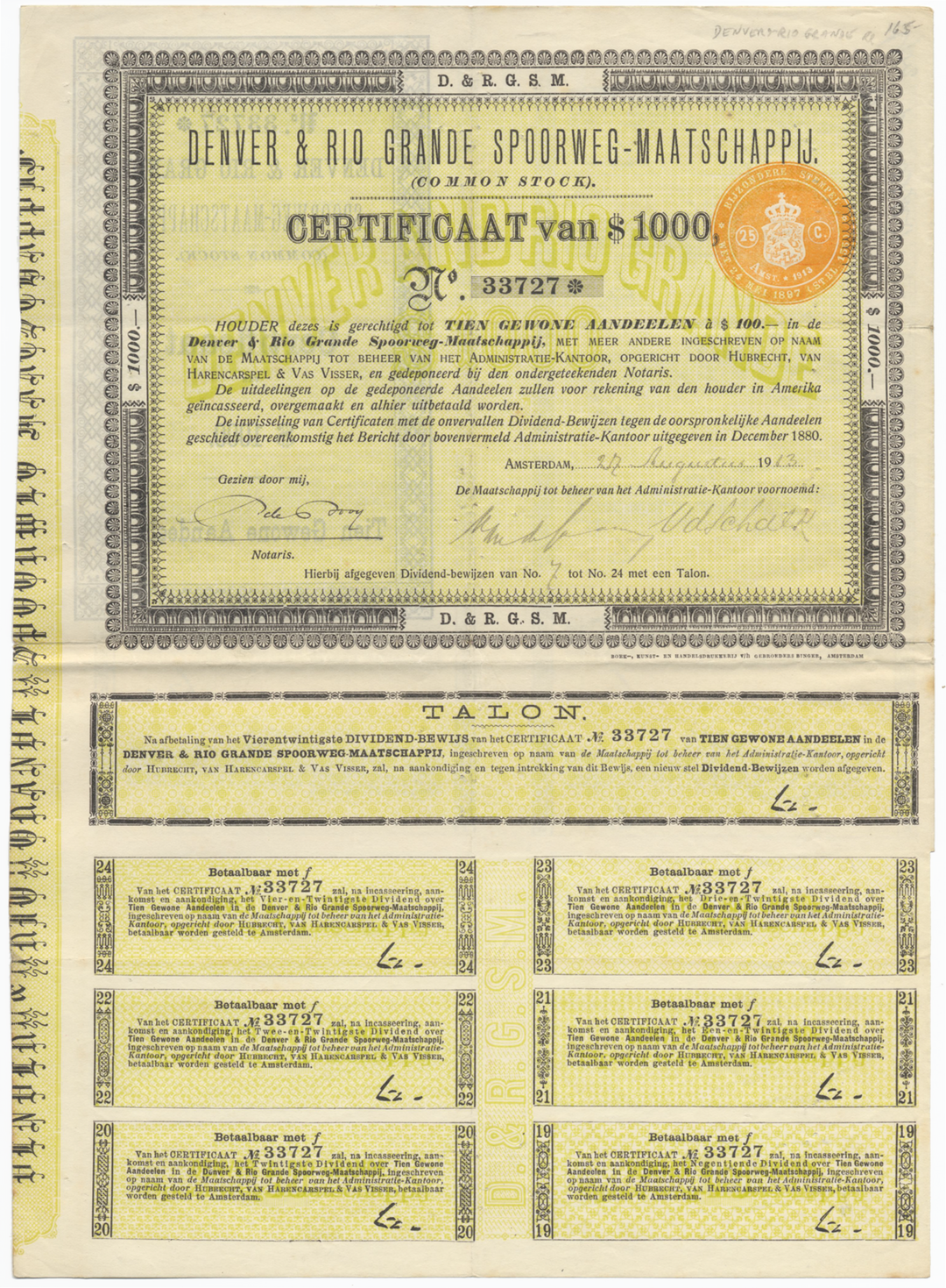 Denver and Rio Grande Railroad Company Dutch Certificate