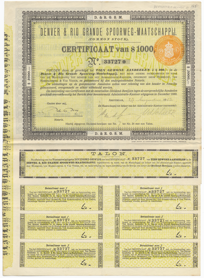Denver and Rio Grande Railroad Company Dutch Certificate