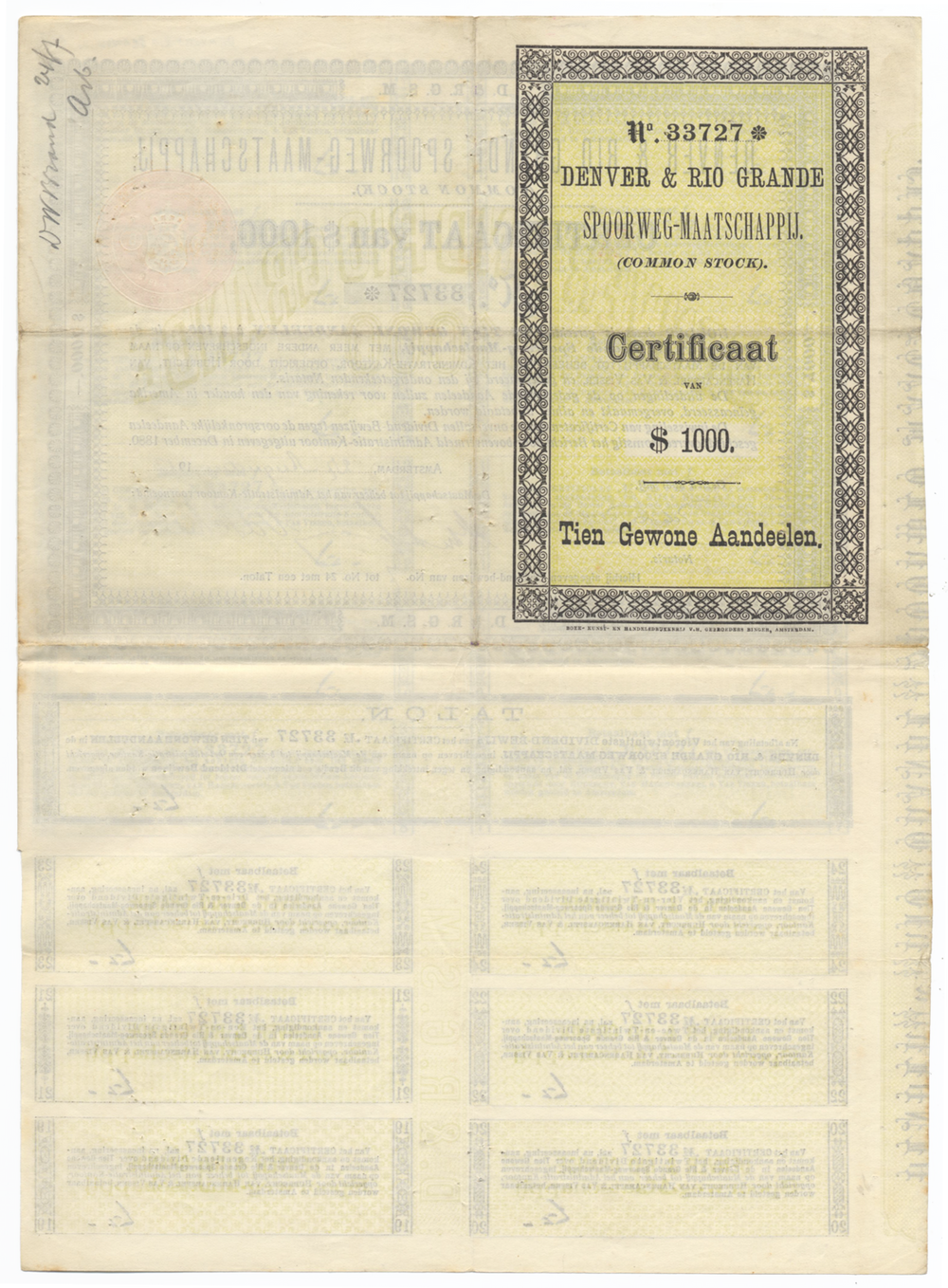 Denver and Rio Grande Railroad Company Dutch Certificate