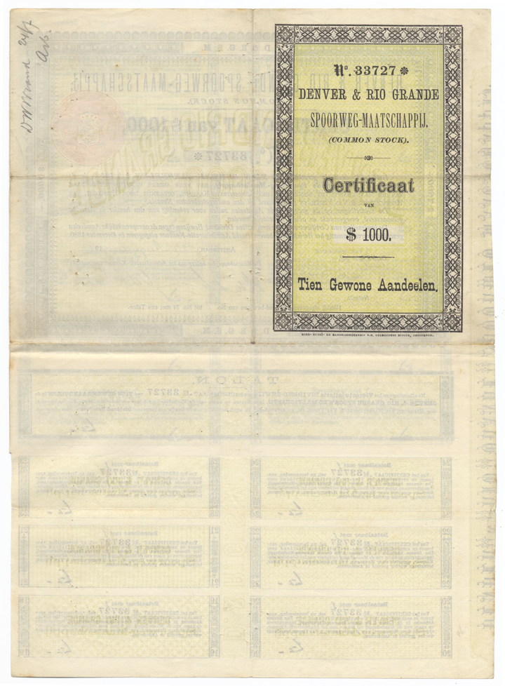 Denver and Rio Grande Railroad Company Dutch Certificate