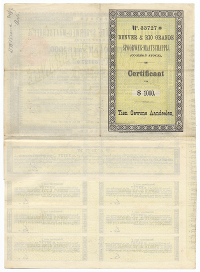 Denver and Rio Grande Railroad Company Dutch Certificate