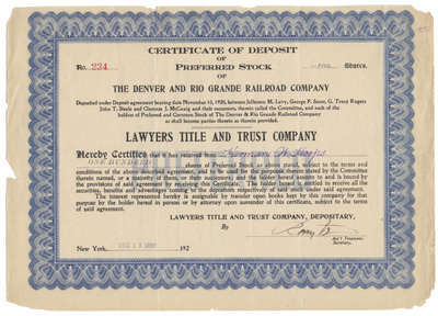 Denver and Rio Grande Railroad Company Certificate of Deposit
