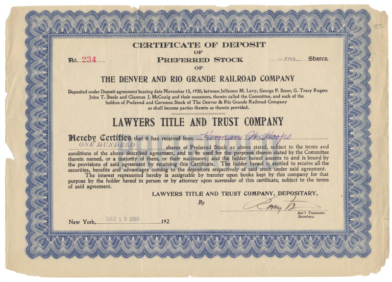 Denver and Rio Grande Railroad Company Certificate of Deposit