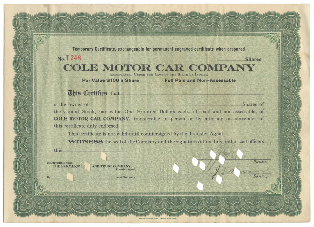 Cole Motor Car Company Stock Certificate