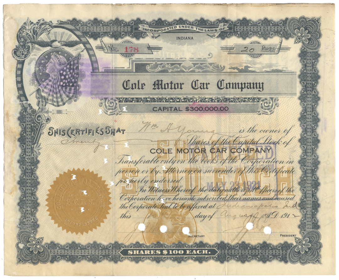 Cole Motor Car Company Stock Certificate