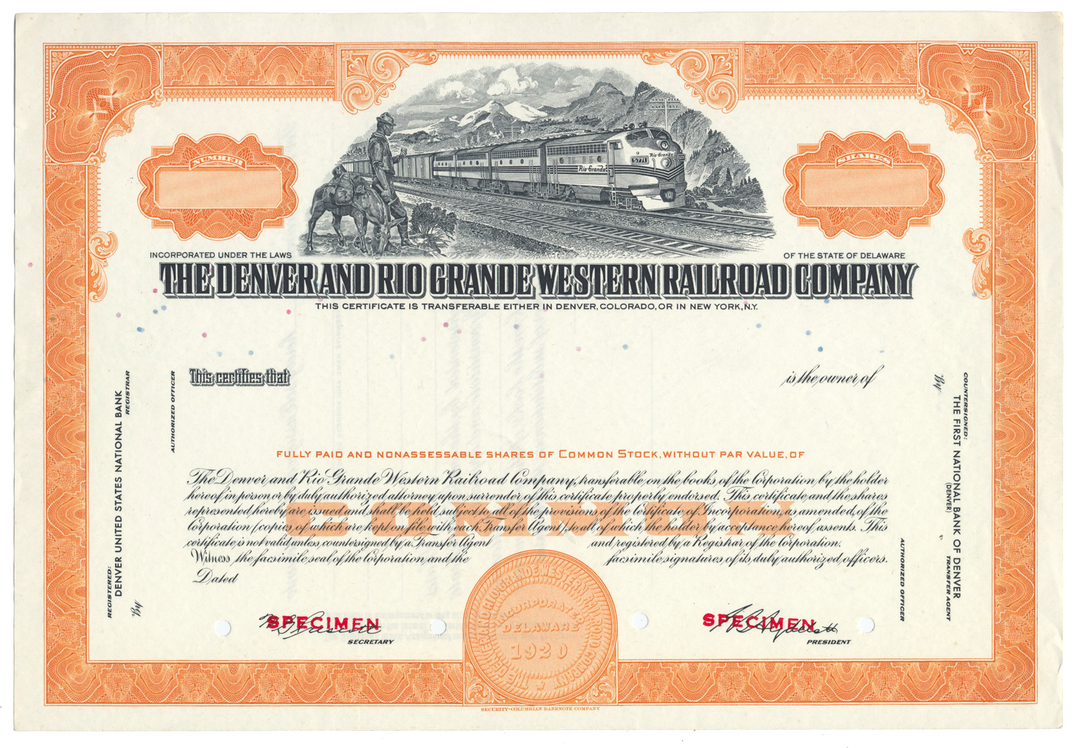 Denver and Rio Grande Western Railroad Company Specimen Stock Certificate