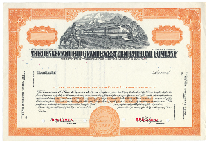 Denver and Rio Grande Western Railroad Company Specimen Stock Certificate