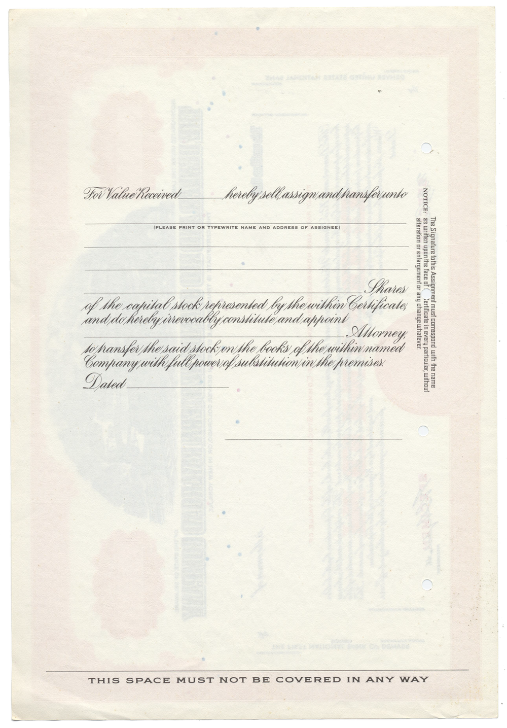 Denver and Rio Grande Western Railroad Company Specimen Stock Certificate