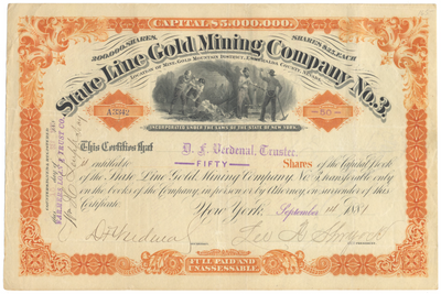 State Line Gold Mining Company No. 3 Stock Certificate