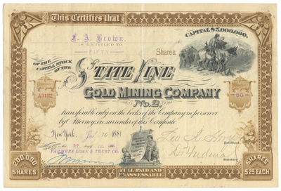 State Line Gold Mining Company No. 2 Stock Certificate
