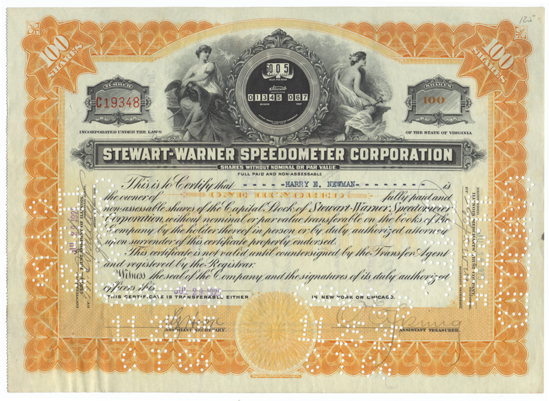 Stewart-Warner Speedometer Corporation Stock Certificate