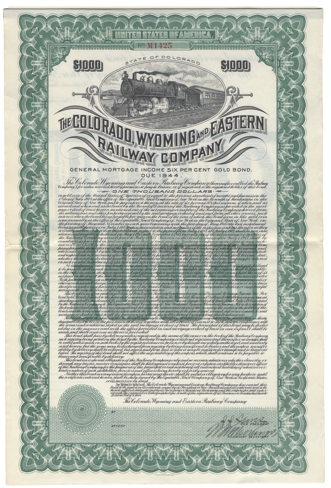 Colorado, Wyoming and Eastern Railway Company Bond Certificate