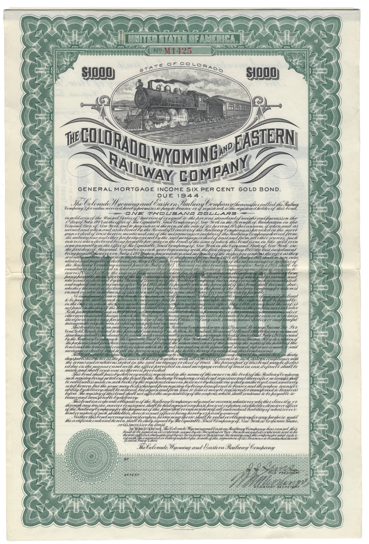 Colorado, Wyoming and Eastern Railway Company Bond Certificate