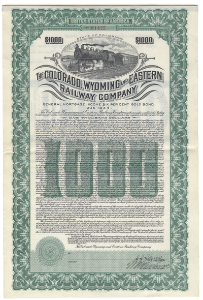 Colorado, Wyoming and Eastern Railway Company Bond Certificate