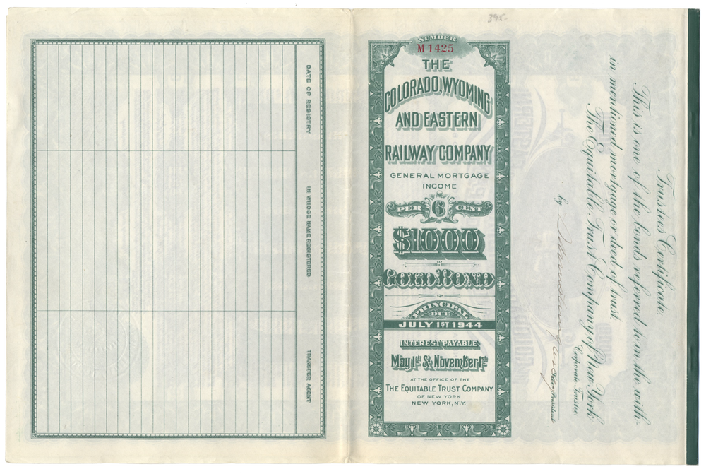 Colorado, Wyoming and Eastern Railway Company Bond Certificate