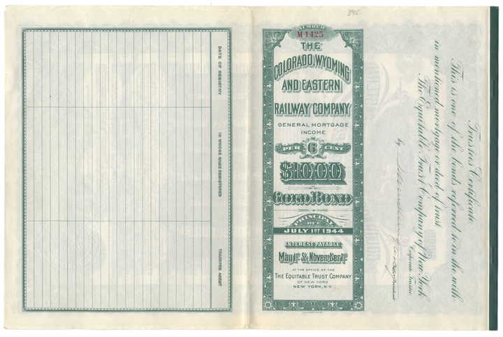 Colorado, Wyoming and Eastern Railway Company Bond Certificate