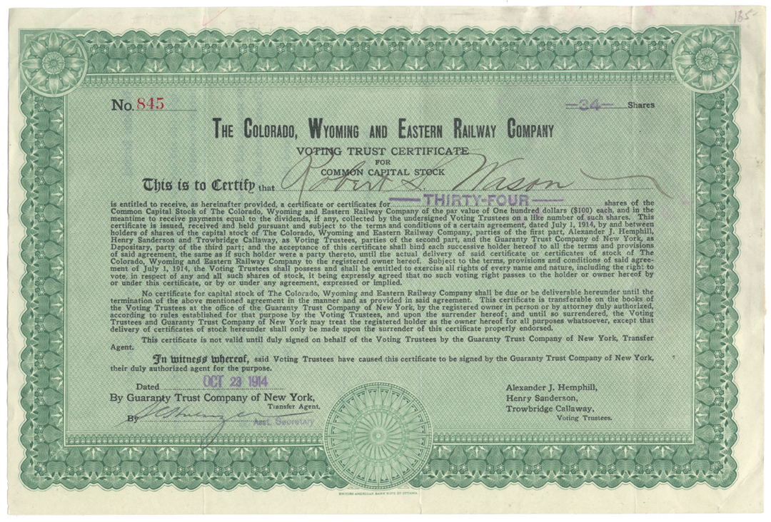 Colorado, Wyoming and Eastern Railway Company Stock Certificate