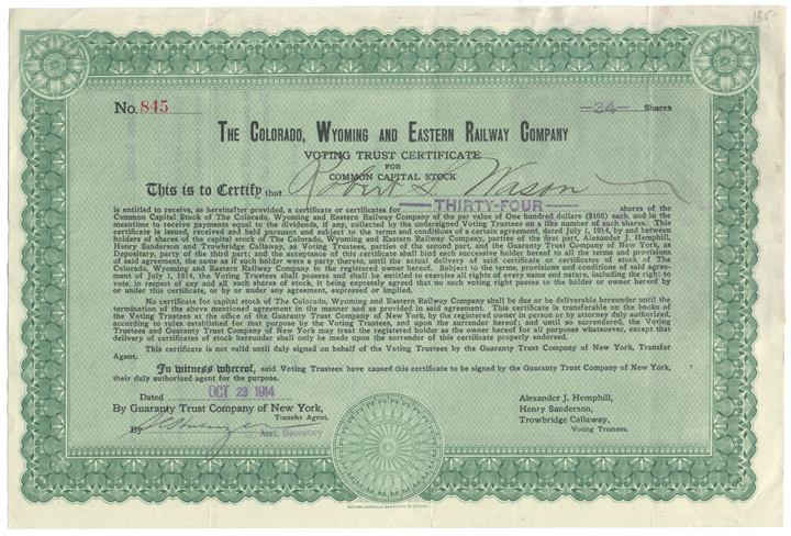 Colorado, Wyoming and Eastern Railway Company Stock Certificate