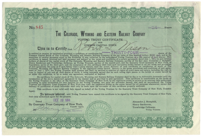 Colorado, Wyoming and Eastern Railway Company Stock Certificate