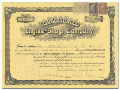 Consolidated Engine-Stop Company Stock Certificate
