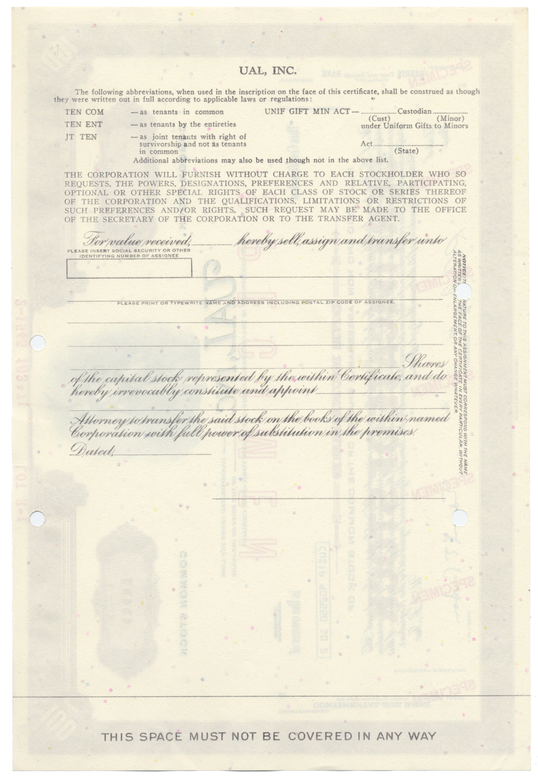 UAL, Inc. Specimen Stock Certificate